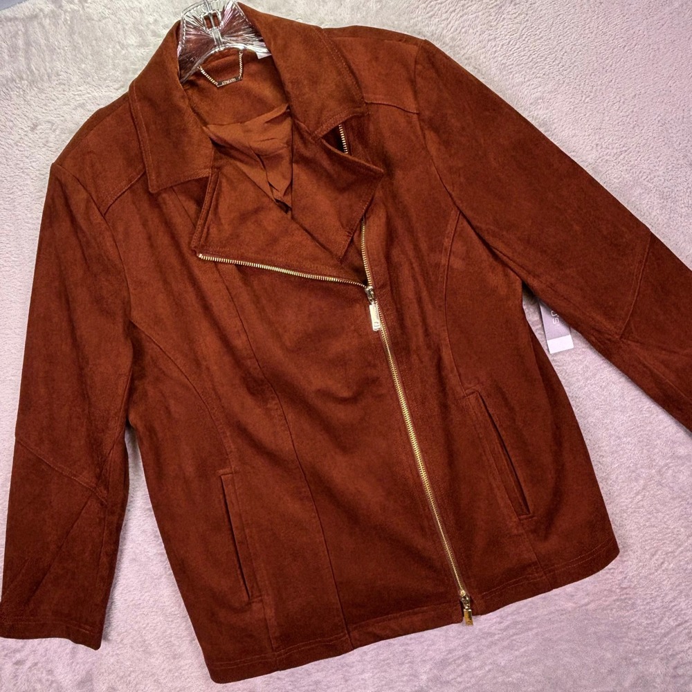 NWT Chico's Women Moto Jacket 2P Mahogany Faux‎ Suede Elongated Zip 570312658
